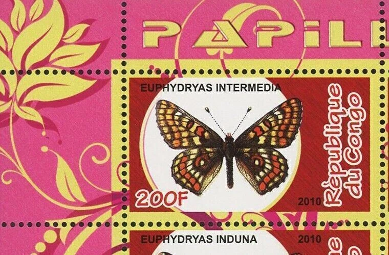 Congo Butterfly Insect Euphydryas Nature Souvenir Sheet of 4 Stamps Mint NH - Image 2 of 4