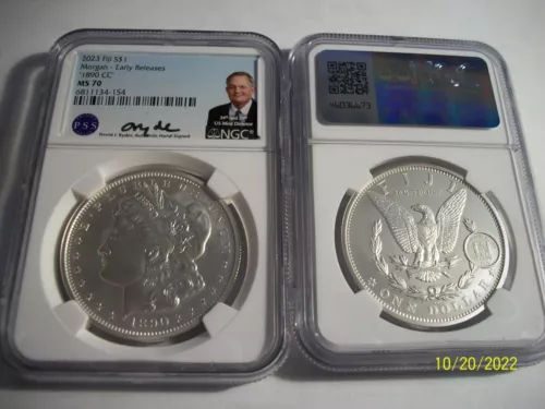 1890 CC MORGAN silver Dollar NGC MS 70 ER CARSON CITY FIJI SIGN D RYDER