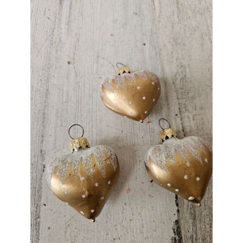 Germany heart glass glitter gold ornament mini Xmas set tree - Picture 1 of 12