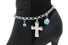 Women Silver Metal Chain Boot Bracelet Shoe Cross Charm Anklet Turquoise Female