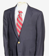 Lands  End 2 Btn Midnight Navy Blue Blazer 100 Wool US Size 44R Brass Logo Btns