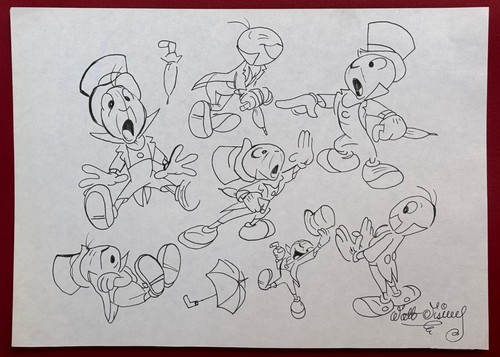 Walt Disney (Handmade) Drawing On Old Paper Signed & Stamped, vtg art - Afbeelding 1 van 4