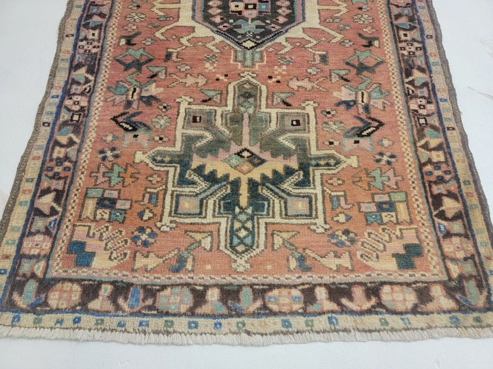 Antiguo corredor de lana oriental anudado a mano óxido/negro/verde 2'10" x 9'5" Foto 3 de 4