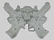 Skull Belt Buckle Silver Rhinestones Metal Vintage Halloween Gun Pirate Skeleton