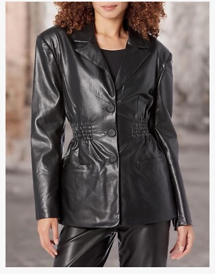 STEVE MADDEN Frida Faux-Leather Jacket Smocked Elastic Waist Shirted Black M