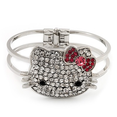 Armreif Armband mit Diamanten ''Kätzchen'' und rosa Schleife aufklappbar aus rhodiniertem Metall