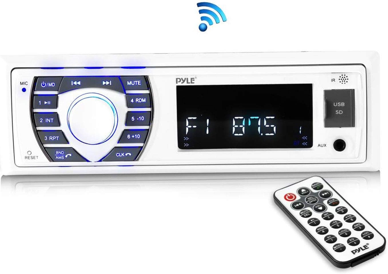 Bluetooth Marine Stereo Receiver - 12V Single DIN Boat In-Dash Radio with Digita