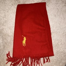 Polo Ralph Lauren Red Solid 100 Lambswool Fringe Scarf w/ Logo Accent
