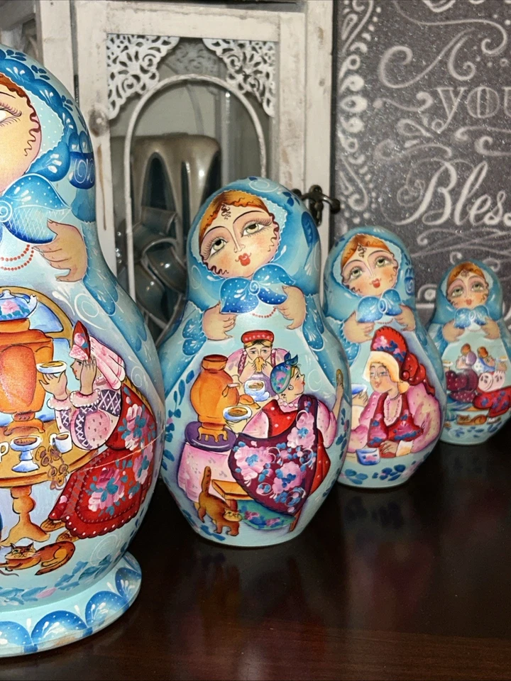 Muñeca de anidación Matryoshka rusa It’s Tea Time Samovar - 15 piezas firmada Foto 2 de 4