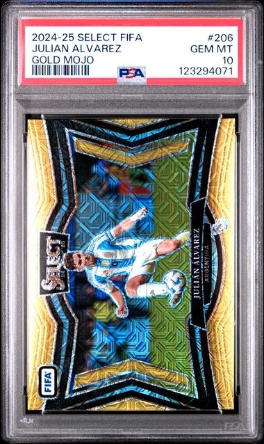 2024 Select FIFA Julian Alvarez PSA 10 GEM #'d/10 SSP Gold Mojo Prizm #206