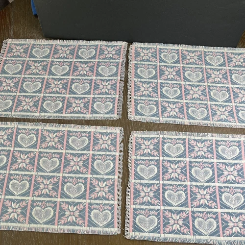 Vintage Mauve & Blue Country Hearts Woven Placemats Set Of 4 Reversible