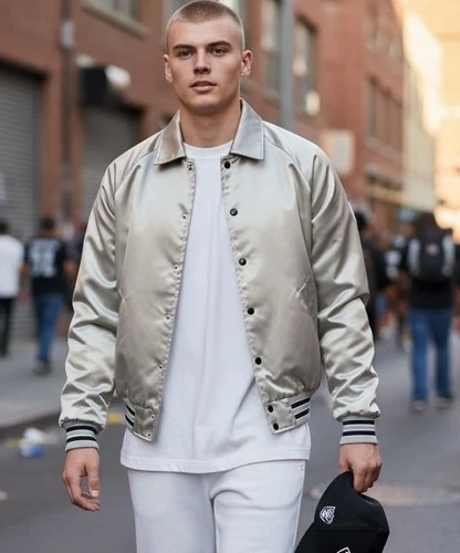 Vtg 80s Aristo Jac Silver Satin Bomber Jacket M Retro Varsity Silver Black USA - product listing photo