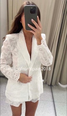 ZARA NEW WOMAN EMBROIDERED PERFORATED SHOULDER PAD TAILORED BLAZER