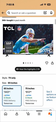 TCL S5F 65in 4K UHD LED Smart TV w/ Netflix Prime Video YouTube Black - Picture 2 of 2