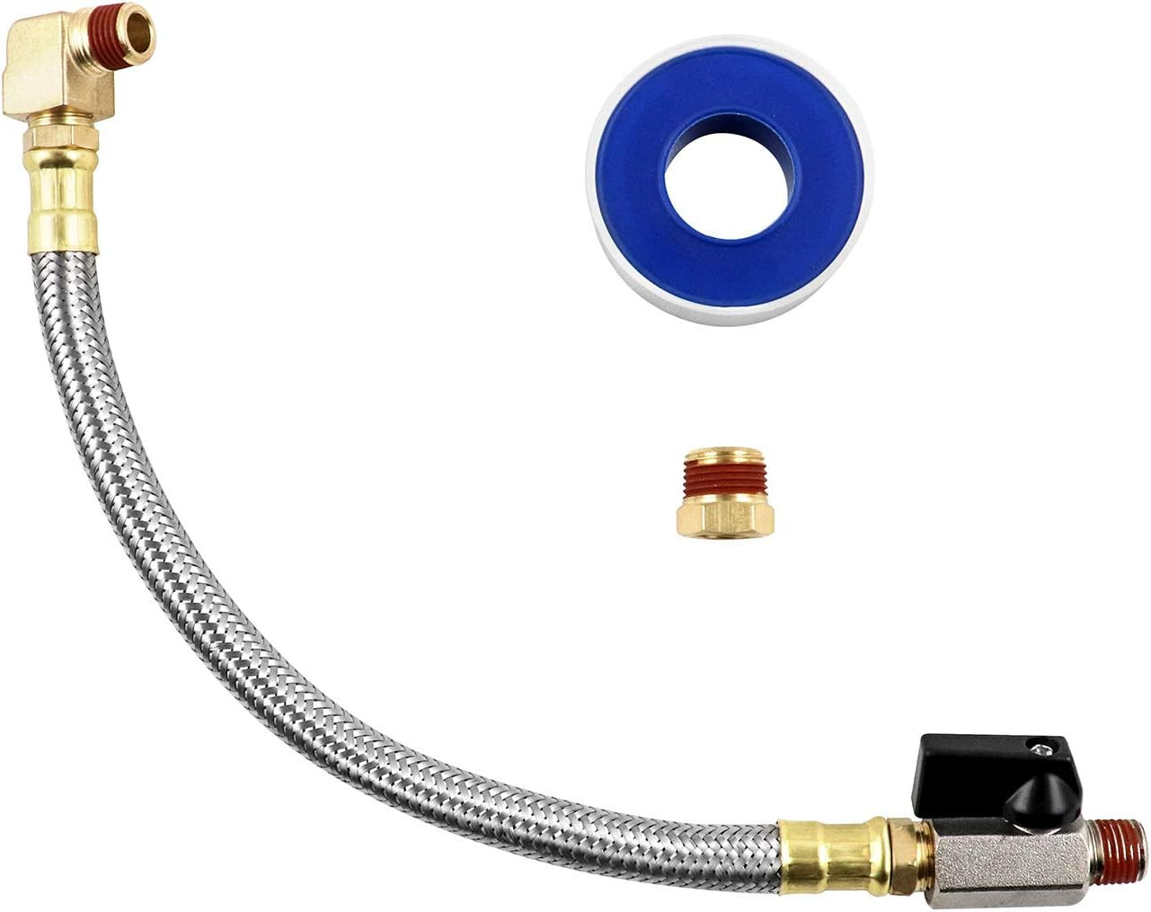 Air Compressor Tank Drain Valve Kit, 10” Hose 1/4” NPT, 1/4”-3/8” Adapter + Tape