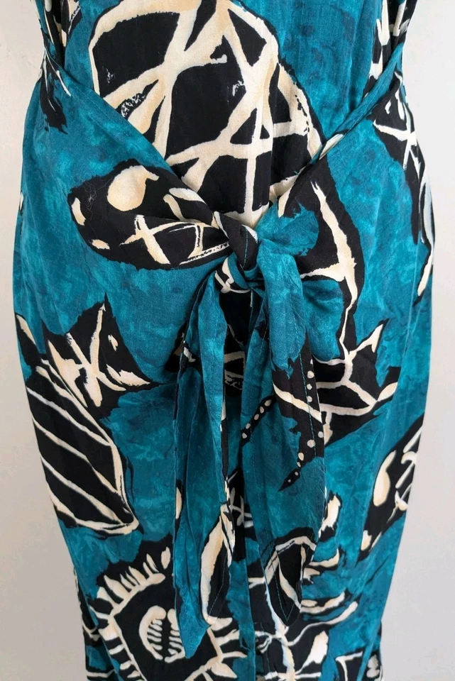 Verdadero Vestido Vintage All That Jazz Rayón Sarong Corbata Verde Azulado Batik Boho Resort 6 8 EE. UU. Foto 3 de 4