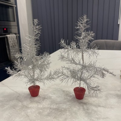 X2 Vintage Retro Silber Lametta Mini Weihnachtsbaum - 25 cm 