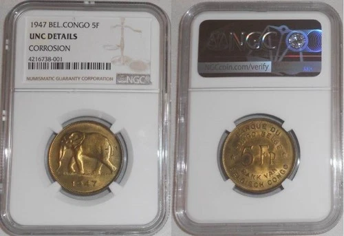 1947 Five Francs Brass Coin Belgian Congo Elephant Left NGC Graded Uncirculated