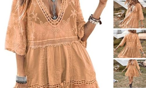 Women's Contrast Lace Bathing Suit Cover Up V-Neck Swimsuit Coverups Loose