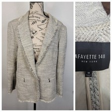 Lafayette 148 New York Single Breasted Tweed Blazer Womens SZ 10 Fringe Metallic
