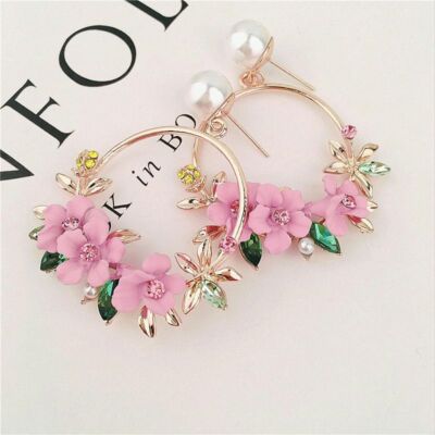 Round Circle Drop Women Earrings Cute Pink Flower Girls Jewelry Female  Rhineston