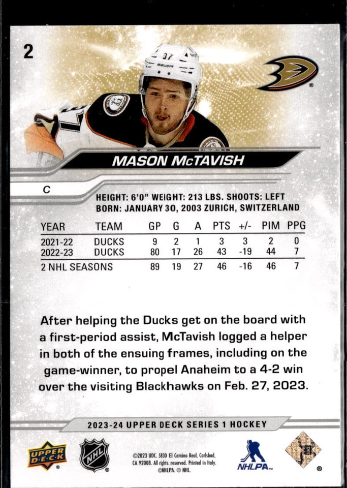 2023-24 Upper Deck #2 Mason McTavish - Image 2 of 2