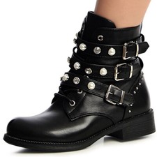 Damen Biker Worker Boots Stiefeletten Nieten Riemen Booties Zierperlen