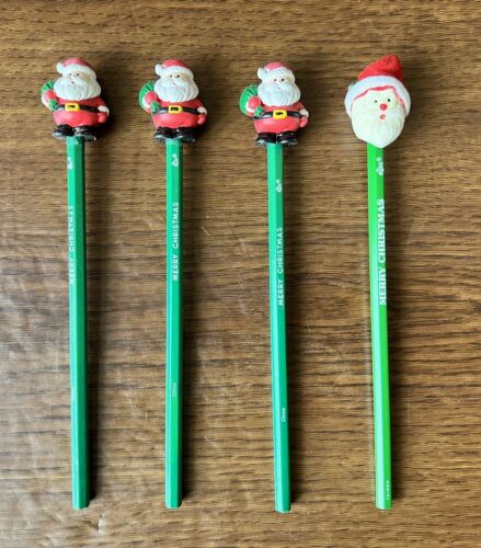 4 Vintage Russ Merry Christmas Santa Claus Pencil Toppers W/ Pencils Unsharpened - Picture 1 of 5