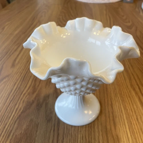 Vintage Fenton Hobnail Milk Glass Pedestal Dish With Ruffled Edge White