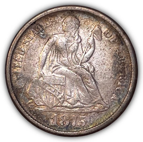 1875-CC Above Seated Liberty Silver Dime Almost Uncirculated AU Coin #22136