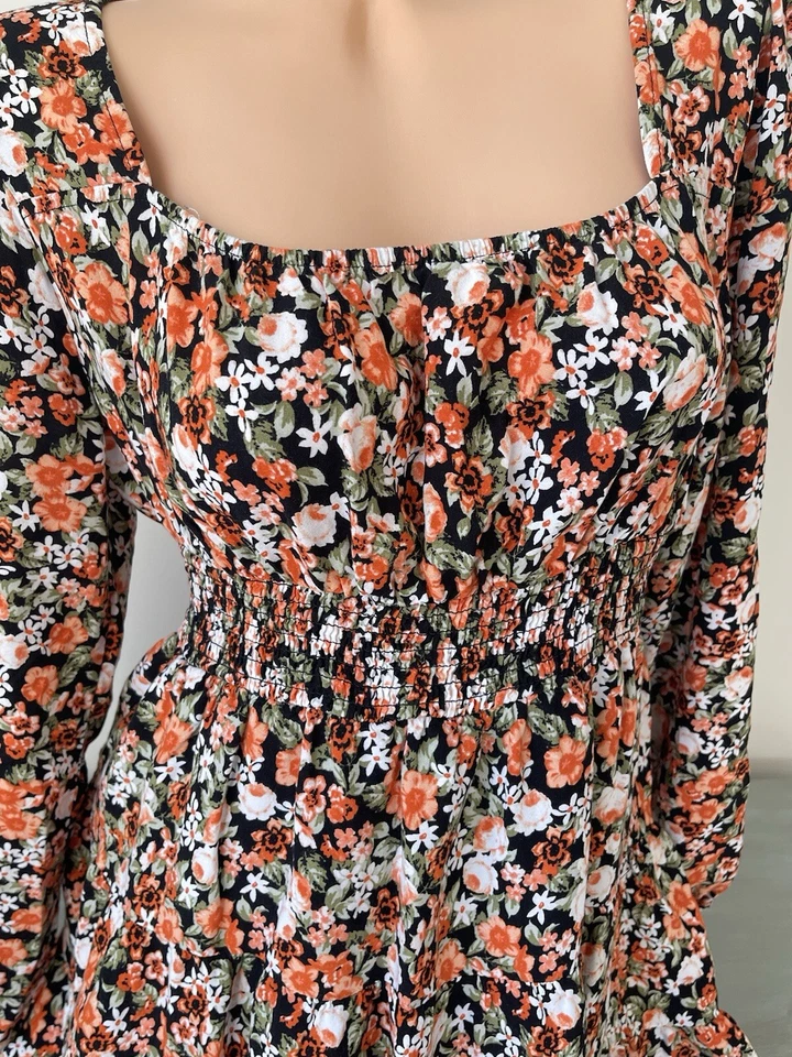 Rue 21 Dress Fit Flare Junior Sz L Floral Off Shoulder Long Sleeve Orange Fall - Image 3 of 4