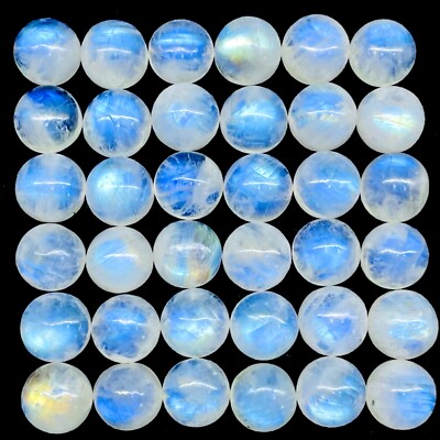 35 Pcs Natural Rainbow Moonstone 9mm Round Blue Shines Cabochon Gemstones Lot