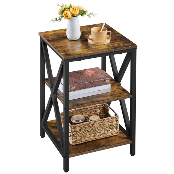 3 Tier Rustic End Table Industrial X Shape Small Wooden Side