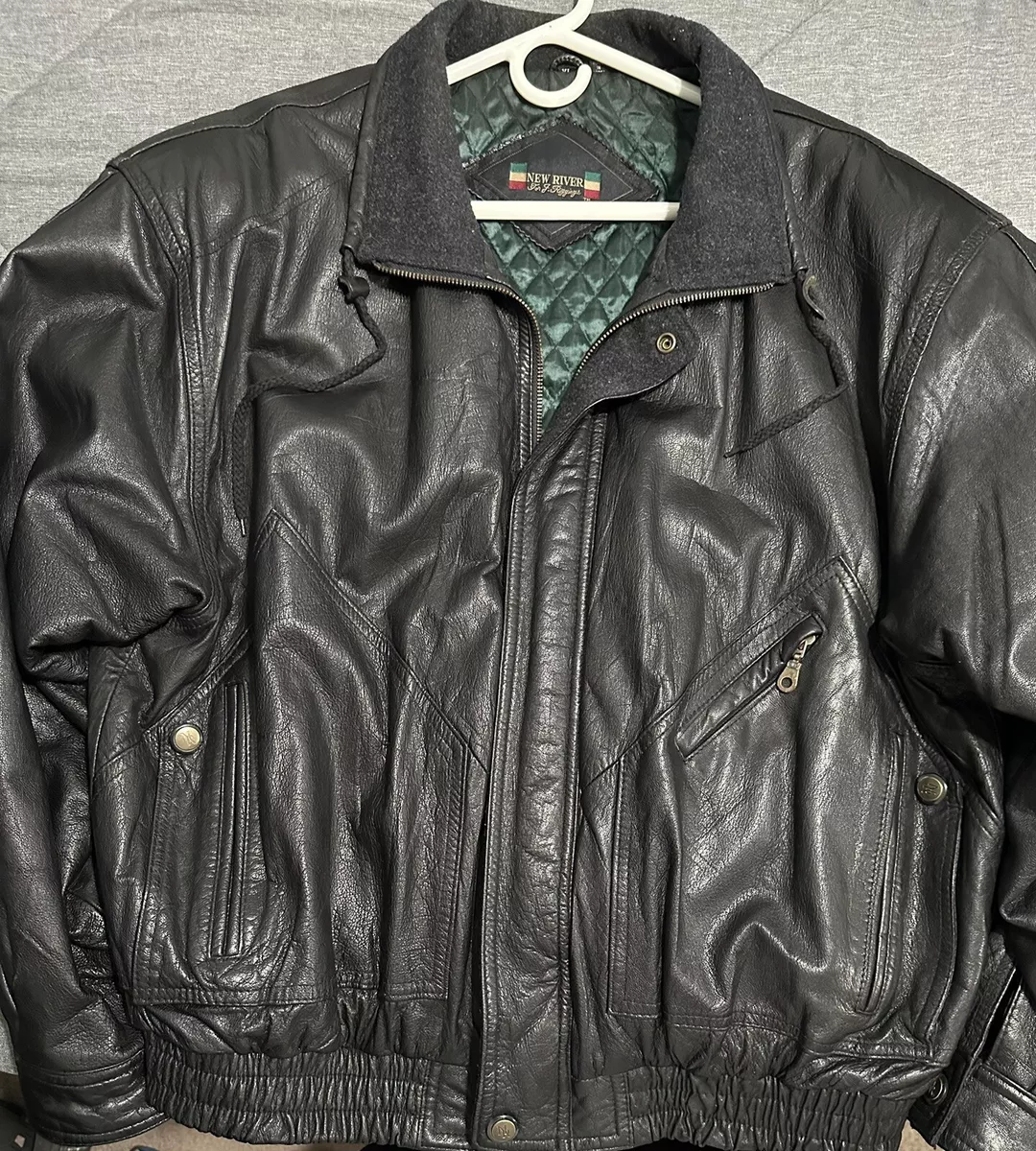Black Leather Jacket Men s Xl. NEW RIVER With Thin Quilted Lining