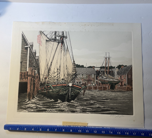 Alan Jay Gaines "The Lookout" acquaforte colorata con certificato di autenticità firmato 1981 Sailing Mass. - Foto 7 di 13