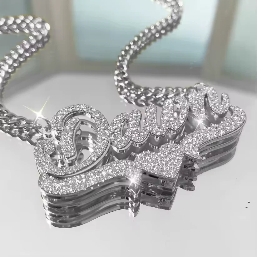 Специальный имя двойной покрытием сердце ожерелье кулон модные ювелирные изделия кубинская цепочка - Изображение 2 из 4