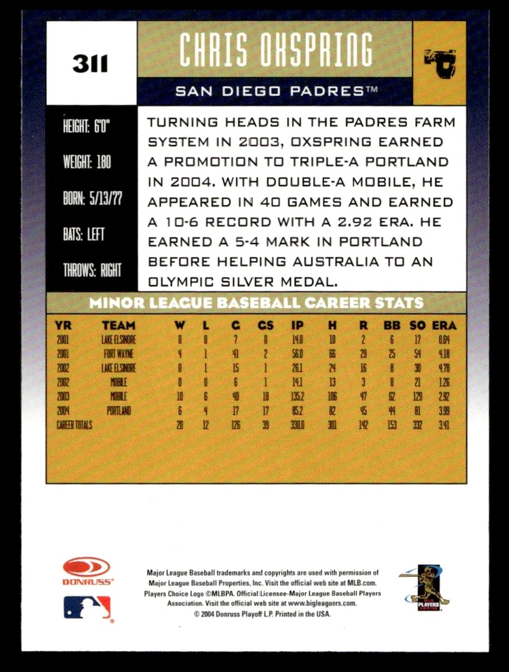 2005 Donruss Chris Oxspring #311 San Diego Padres NM! - Image 2 of 2