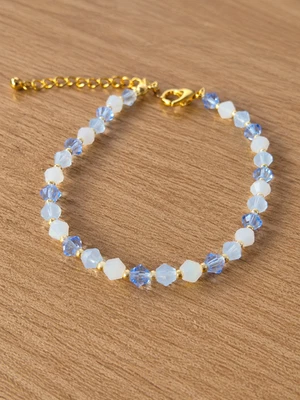 Bracelet femme perles toupie facettées bleu blanc réglable fait main doré - Photo 1/2