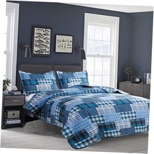 Quilt Set Queen Size Bedspread Coverlet Blue Plaid Full/Queen Blue Black Plaid