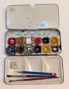 Vintage Reeves' Water Colour Box No. 53 Watercolor Tin, Brochure and W&N White