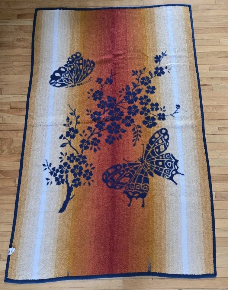 Tac Vintage Acrylic Blanket Butterflies Flowers Stripes Reversible MCM Look READ - Image 2 of 4