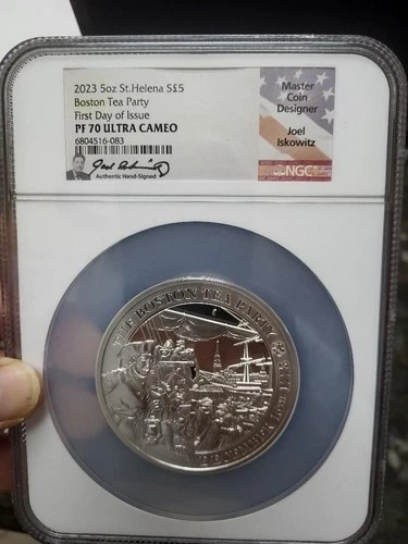 2023 NGC PF70 UC St Helena 5 Pounds Boston Tea Party 5oz Silver HAND SIGNED FDOI