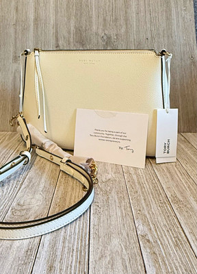 Tory Burch Perry Shoulder Bag Warm White Pebbled Zip Gold Hardware Dust Bag