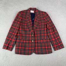 VTG Pendleton Petite Blazer Womens 8 8P Red Tartan Plaid 100 Wool USA Academia