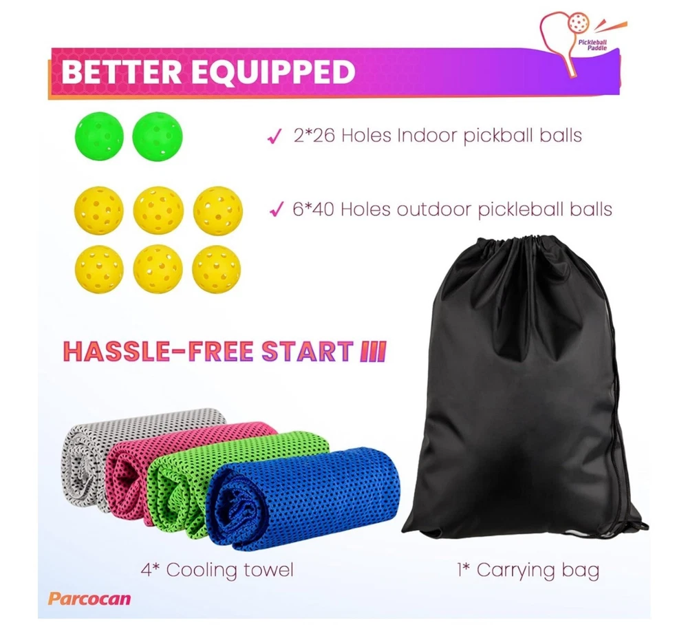 Pickleball Set: 4 Paddles, 8 Balls, 4 Towels & Bag – Indoor & Outdoor Play