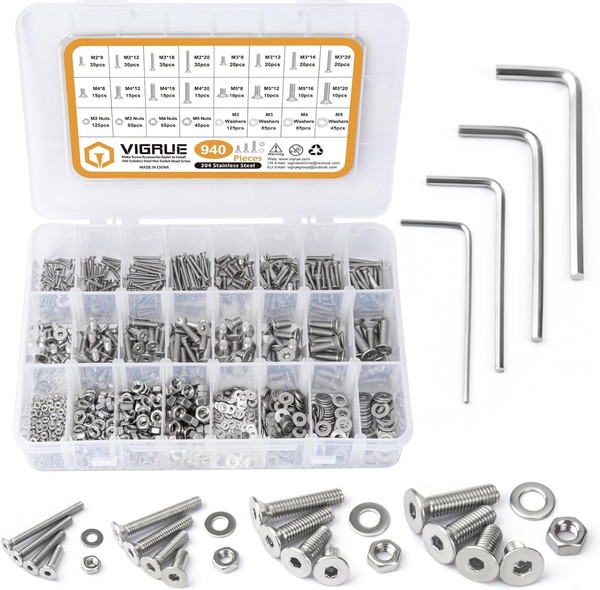 Vigrue 940 StüCk Senkkopfschrauben M2–M5 Edelstahl Set Mit Muttern Werkzeug-image