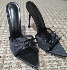 Black Pointed Toe Bow Mule Heels Size 41 Elegant Satin Mesh Slip-On Dress Shoes