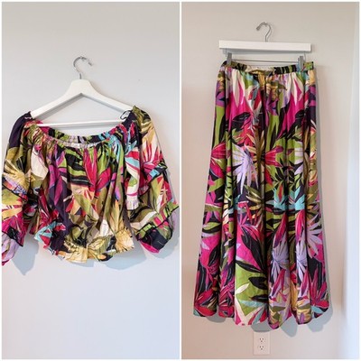 Rachel Zoe Tropical Floral 2 Pc Set Crop Top Maxi Skirt Summer Vacation Women L