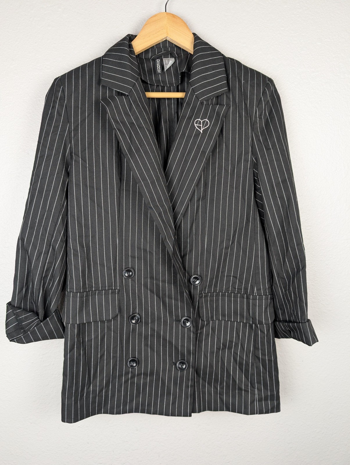 Divided H&M Blazer Womens XXS Black Pinstripe Double Breasted Jacket Office