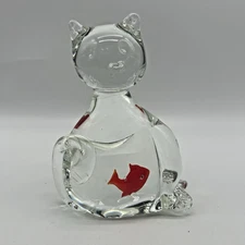 Glass Cat Figurine with Red Fish Inside Murano Style Art Paperweight 5.5"